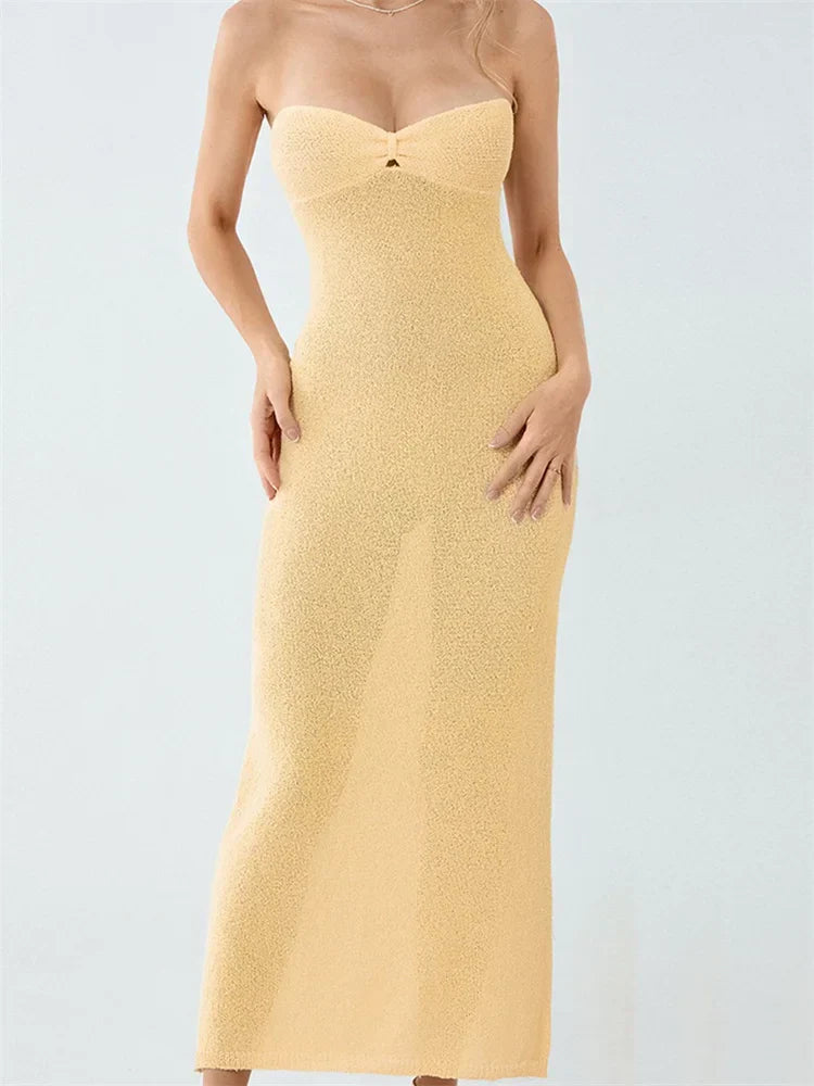 Sexy Women Knitted Tube Strapless Off Shoulder Solid Summer Tie-Up Backless Beach Female Vestidos