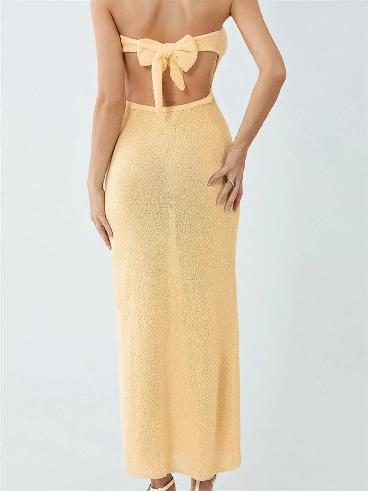 Sexy Women Knitted Tube Strapless Off Shoulder Solid Summer Tie-Up Backless Beach Female Vestidos