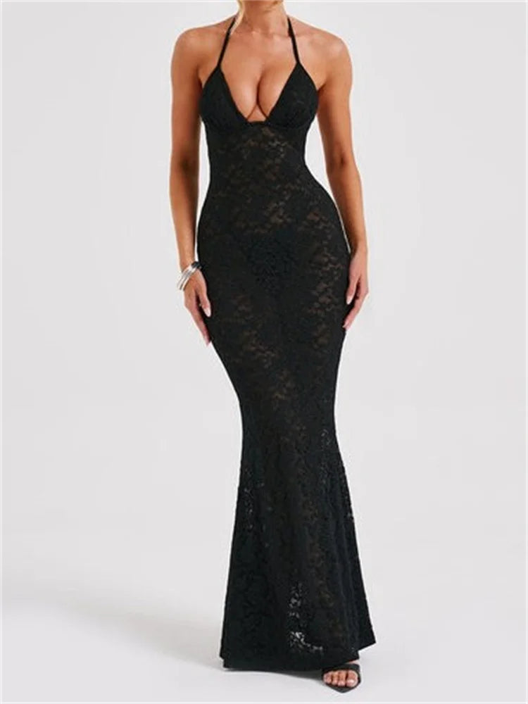 Sexy Women Lace Mesh See Through Summer Off Shoulder V-Neck Halter Black Beach Female Vestidos