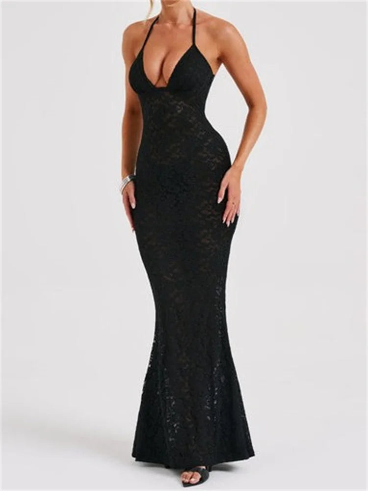 Sexy Women Lace Mesh See Through Summer Off Shoulder V-Neck Halter Black Beach Female Vestidos