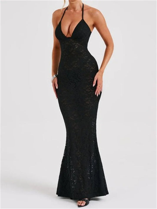 Sexy Women Lace Mesh See Through Summer Off Shoulder V-Neck Halter Black Beach Female Vestidos