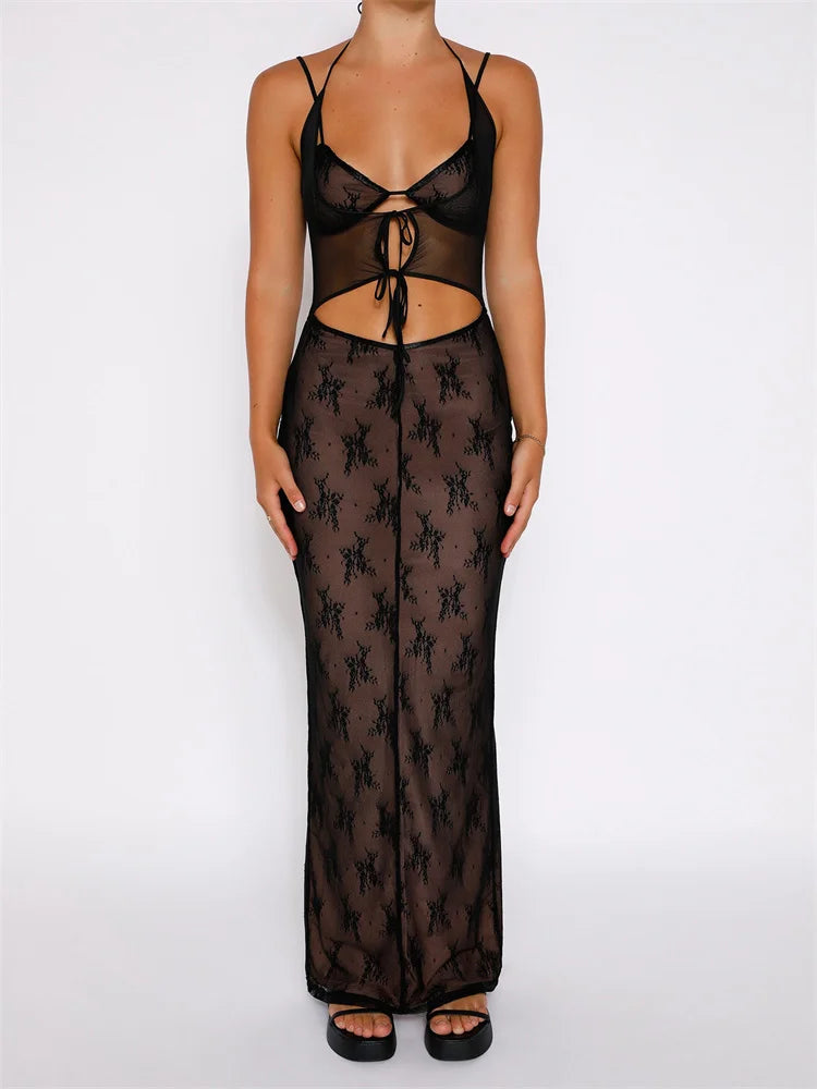 Sexy Women Lace Sleeveless Strap Sling Party Club Mesh See Through Hollow Out Slim Fit Vestidos