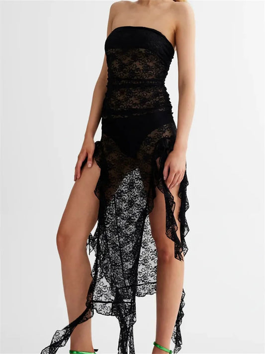 Sexy Women Lace Tube Strapless Off Shoulder Backless See Through Irregular Hem Split Tassels