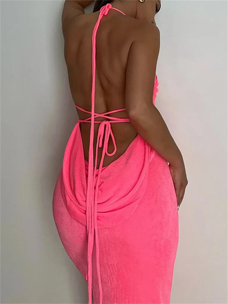 Sleeveless Backless Drawstring Hollow Out Sexy Split Summer Women Party Y2K Beach Vestidos