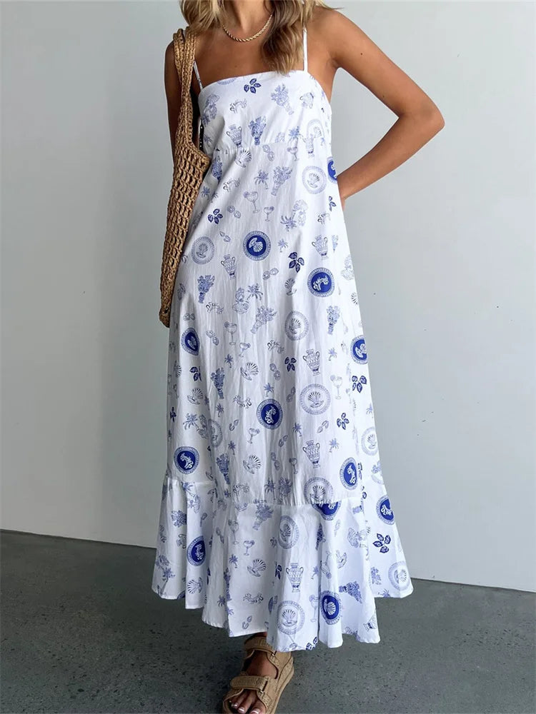 Vintage Women Summer Sleeveless Spaghetti Strap Floral Print Party Loose Casual Square Neck