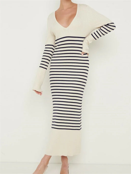 Women Knitted Sleeve Deep V Neck Striped Slim Fit Spring Autumn Female Vestidos Streetwear White / S