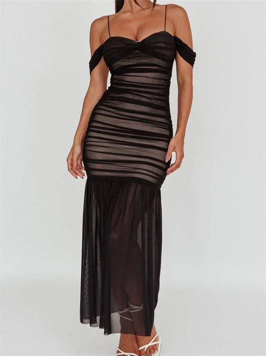 Women Mesh Sheer See Through Low Cut Off Shoulder Strap Backless Ruched Summer Party Vestidos Black