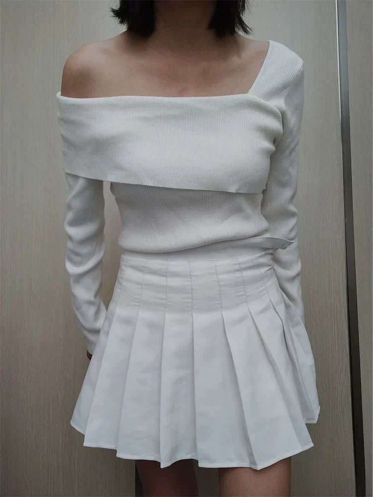 Off Shoulder Irregular Neck Long Sleeve Ribbed Knitted T-Shirts
