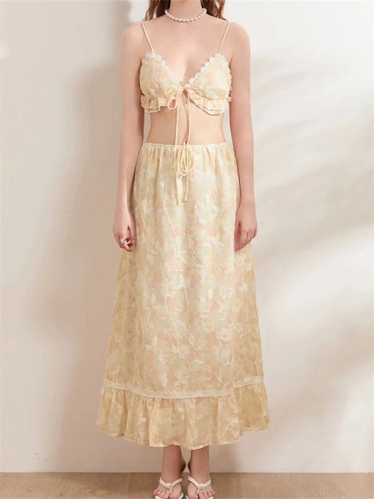Backless Tie-up Camisoles Crop Top with Long Skirts Set BEIGE / S skirt-250126