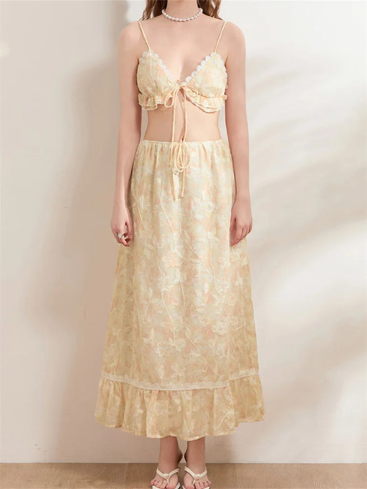 Backless Tie-up Camisoles Crop Top with Long Skirts Set BEIGE / S skirt-250126
