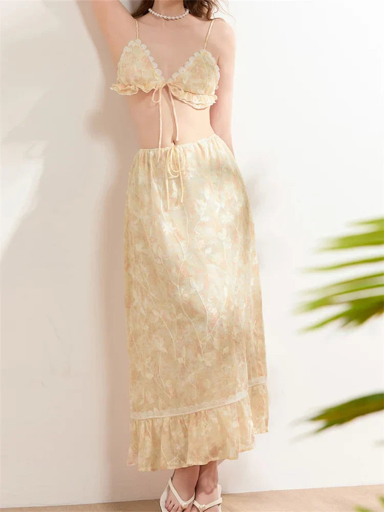 Backless Tie-up Camisoles Crop Top with Long Skirts Set skirt-250126