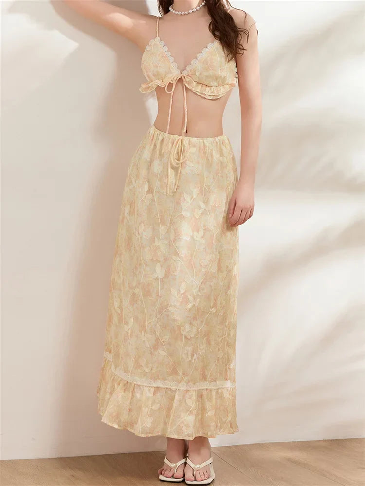 Backless Tie-up Camisoles Crop Top with Long Skirts Set skirt-250126