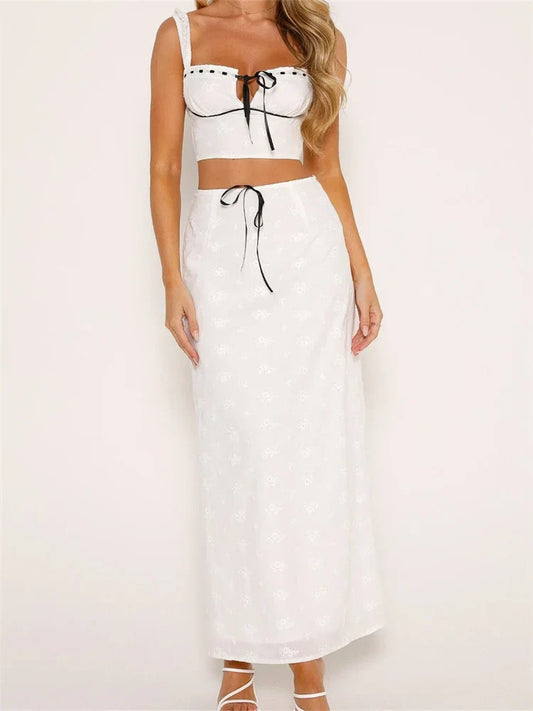 Embroidered Flower Sleeveless Crop Top High Waist Long Skirt skirt-250126