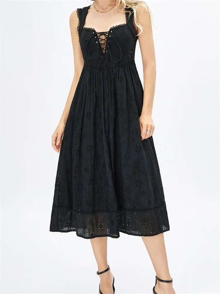 Women Summer Lace Floral Backless Tie-Up Sleeveless Spaghetti Strap Hollow Out Party Female Vestidos