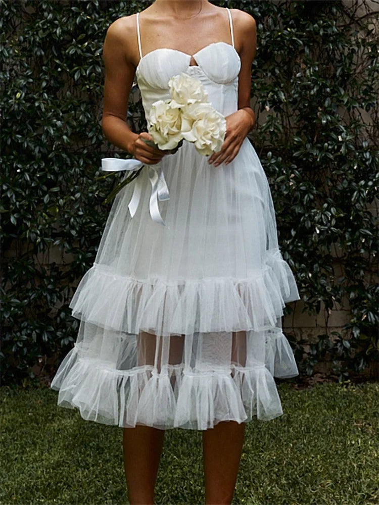 Women Summer Solid Color Sleeveless Strap Layered Tulle Ruffles Backless Party Vestidos