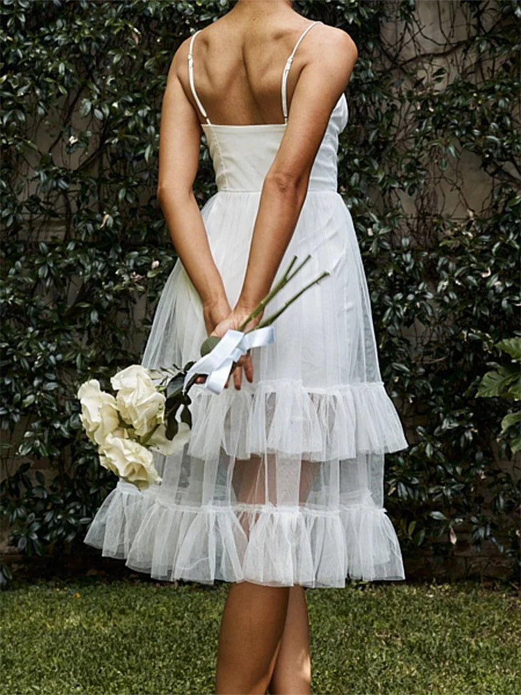 Women Summer Solid Color Sleeveless Strap Layered Tulle Ruffles Backless Party Vestidos