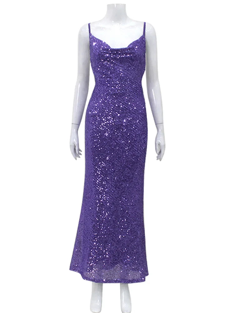 Shining Sequins Backless Sexy Club Women Dresses Spaghetti Strap Christmas Party Dress Dresses-L