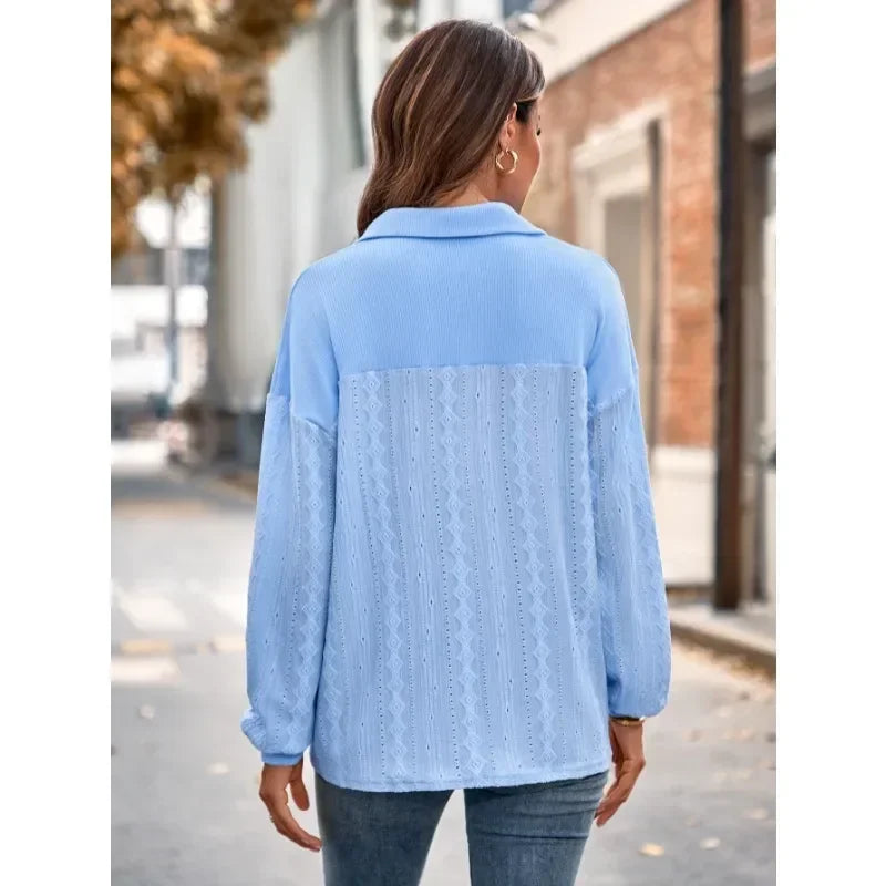 Solid Lapel Pullover Knit Blouse Elegant Blouse blouse-250126