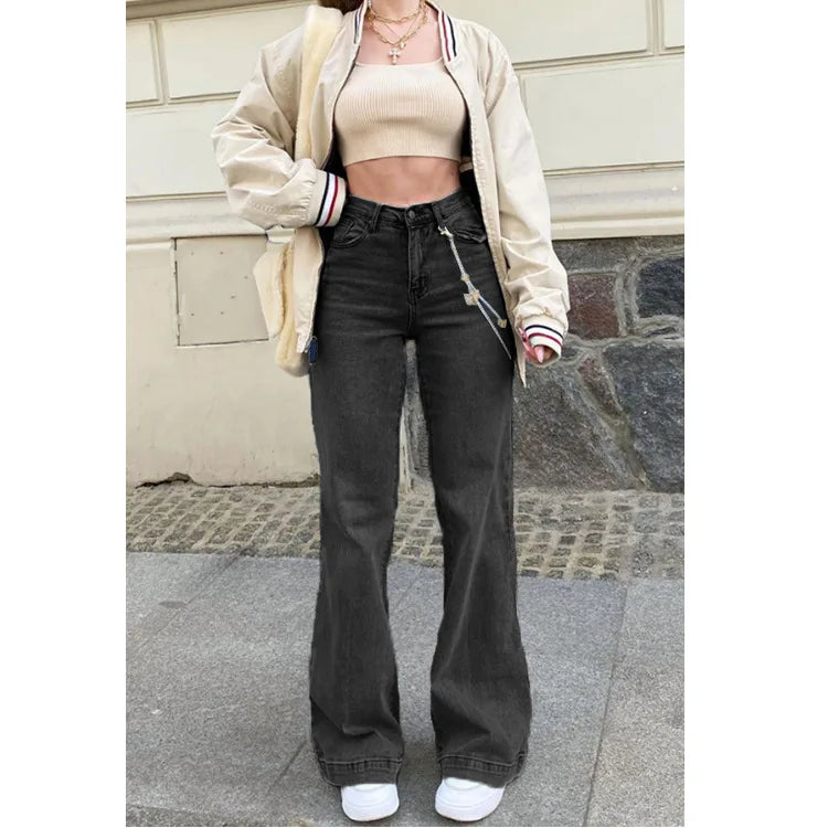 Casual Women’s Flare High Waisted For Woman Streetwear Flared Denim 2024 Spring Summer Jean Black