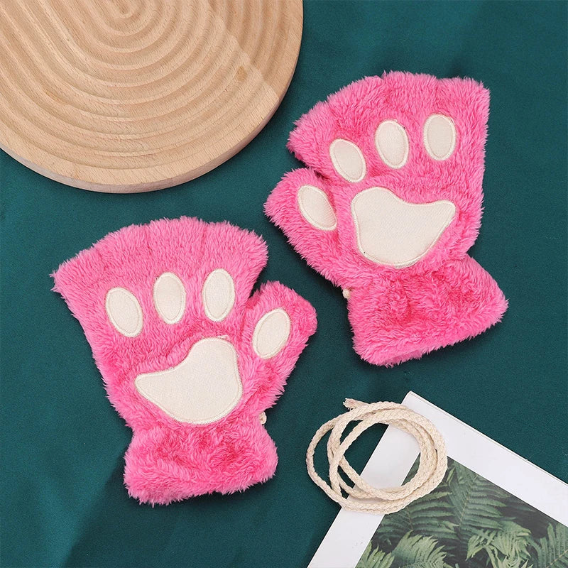 Cartoon Cat Girl Fluffy Bear Paw Winter Half Finger Christmas Gloves Rose Red / One Size Gloves-L
