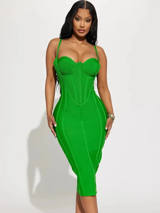 Summer Sexy Sleeveless Backless Green Midi Bodycon Bandage Elegant Christmas Party Dress / S