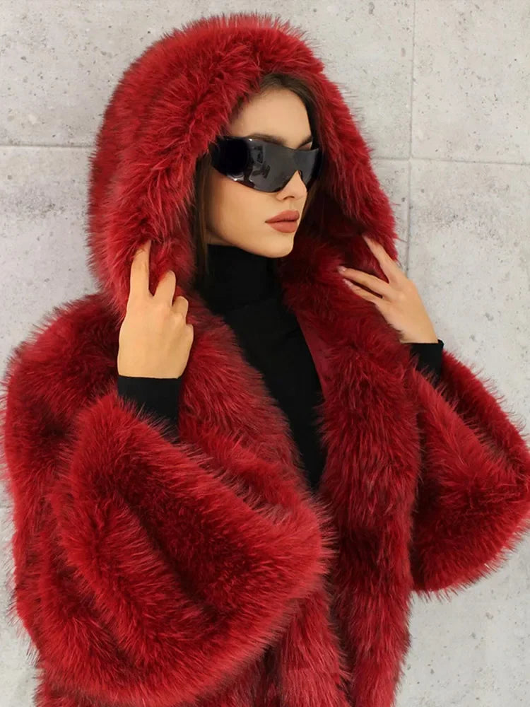 Red Fluffy Hooded Faux Fur Coat Coats-241208