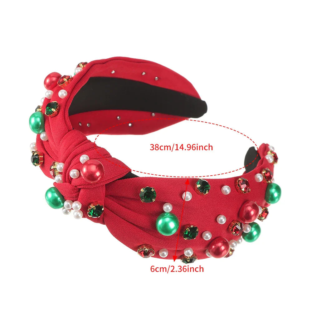 Festive Red Winter Wide Knotted Christmas Hair Accessory With Imitation Pearls Accessories-L