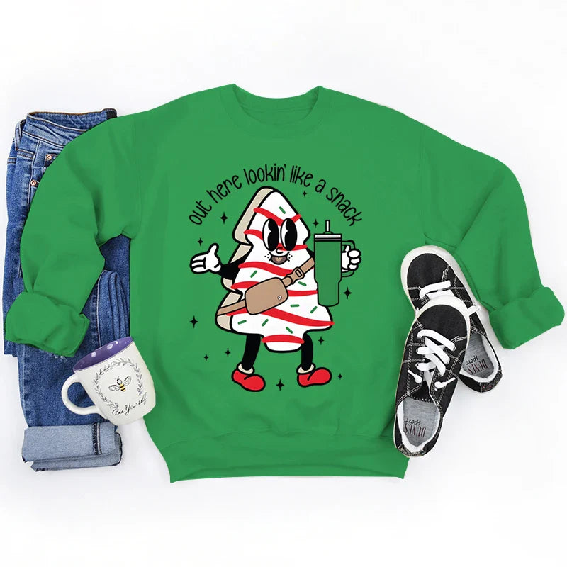 Out Here Lookin’ Like A Snack Print Round Neck Casual Long Sleeve Christmas Hoodie Green / S