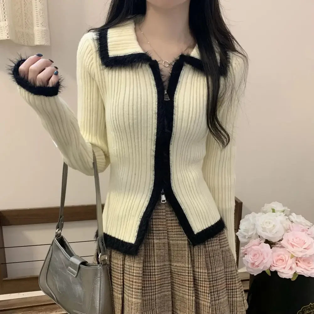 Plush Knitted Slim-Fit Zipper Cardigan Apricot / S Cardigan-241208