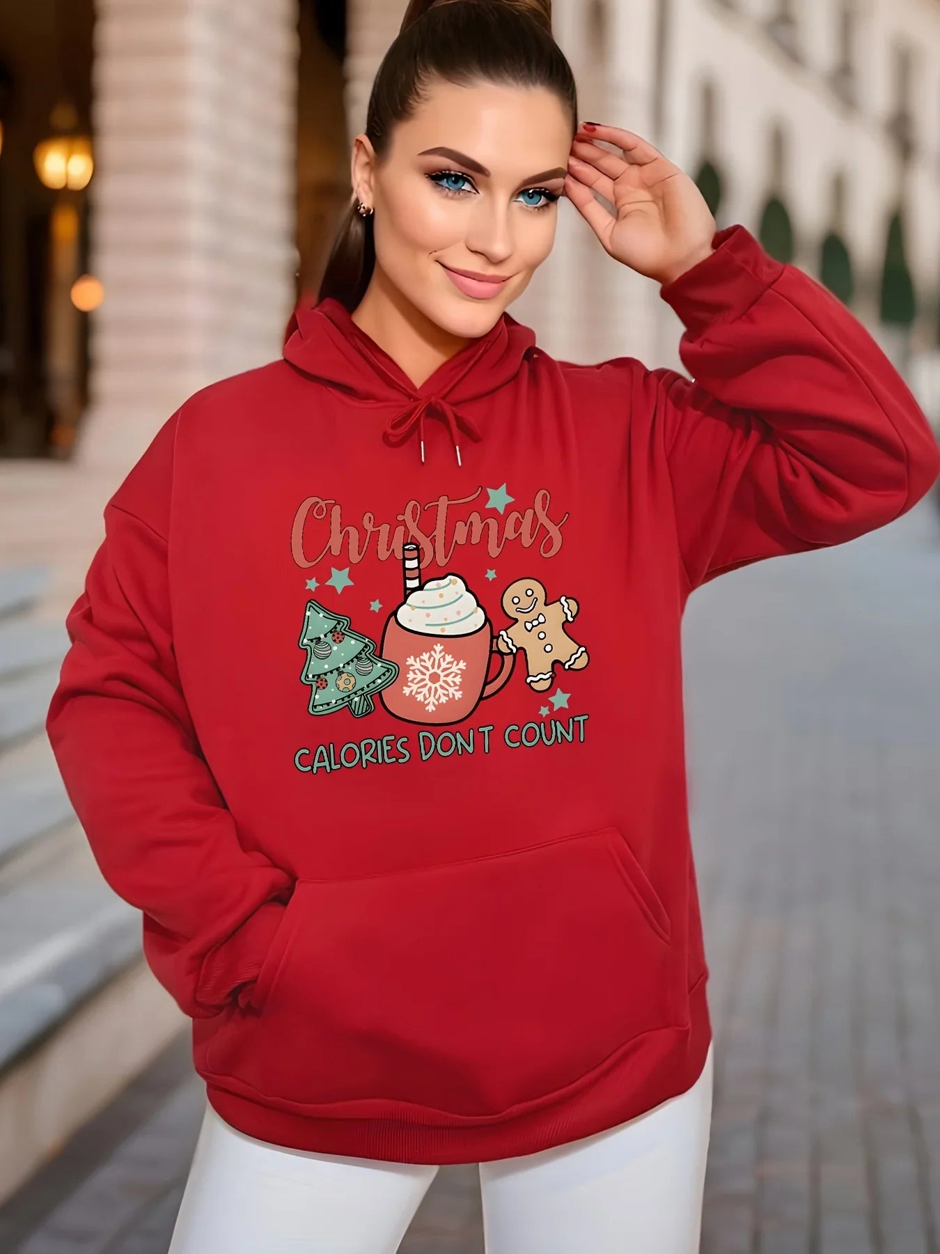 Fleece Lined Casual Drawstring Sports Christmas Tree Hoodie Red / S Hoodies-L