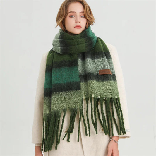 Color Blocked Stripe Cashmere Pashmina Scarf Green Scarfs-L