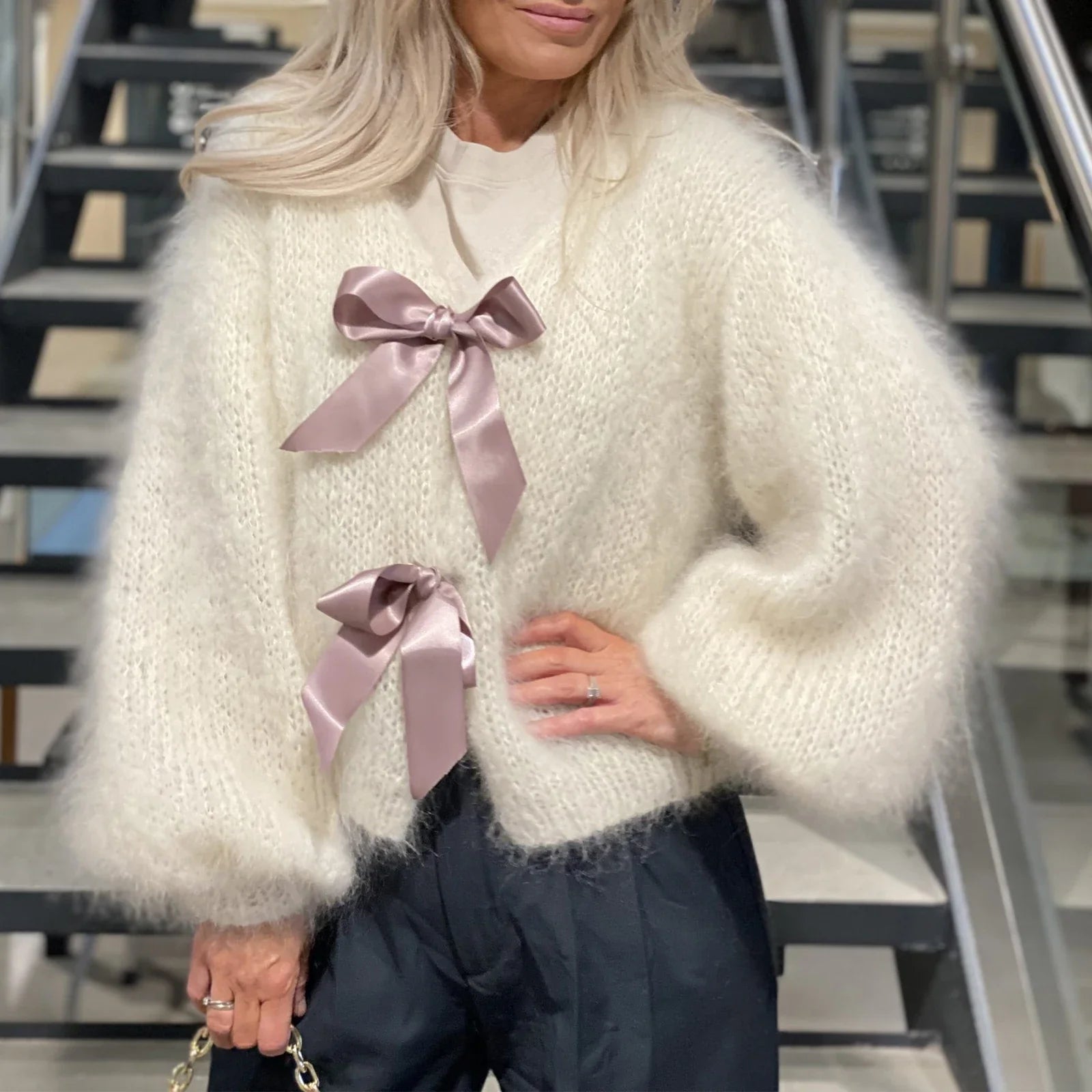 Satin Bow Tied V-Neck Cardigan Cardigan-241208