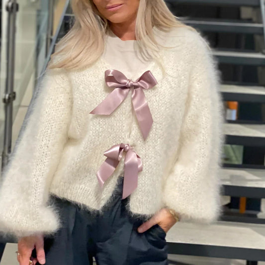 Satin Bow Tied V-Neck Cardigan Cardigan-241208