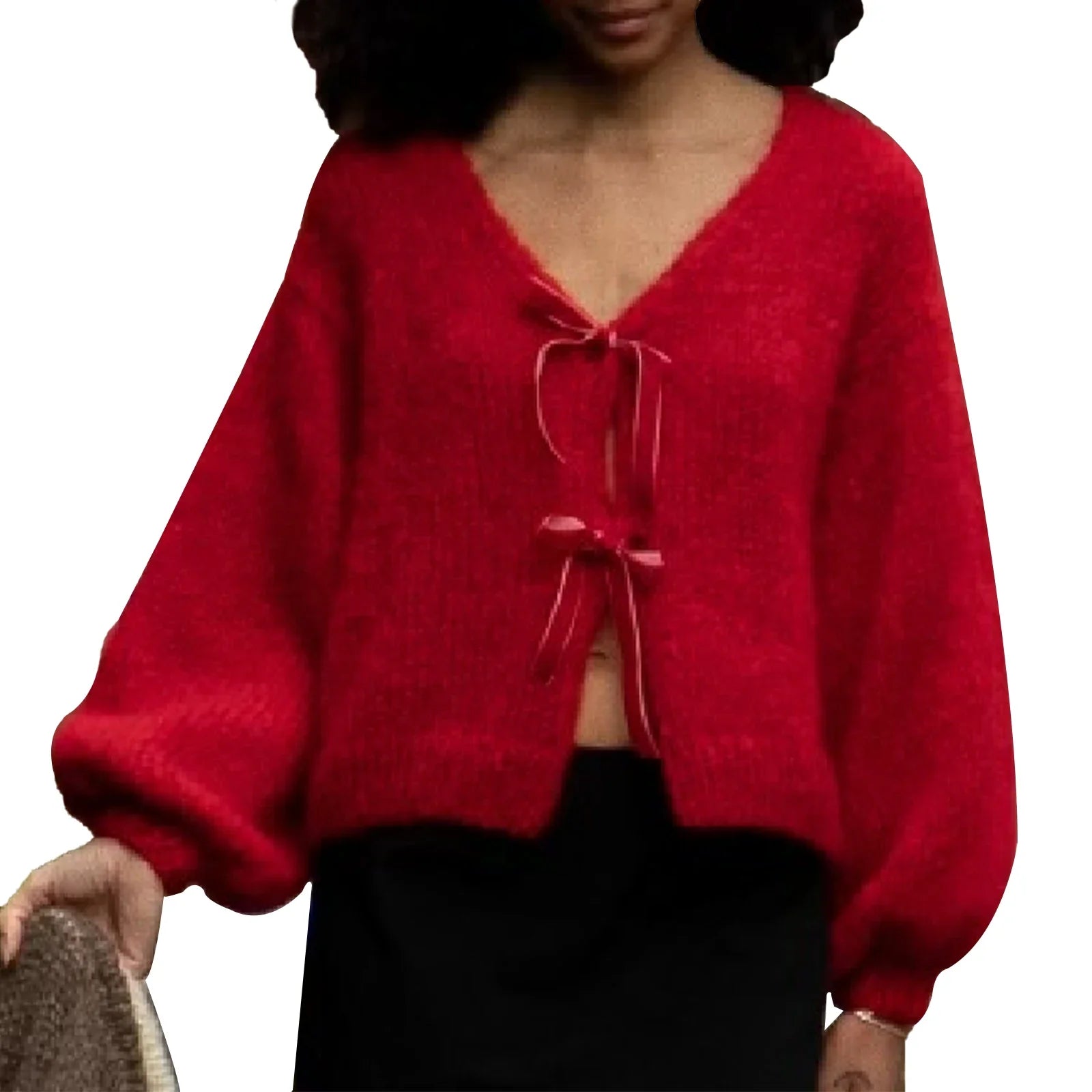 Satin Bow Tied V-Neck Cardigan Red / S Cardigan-241208