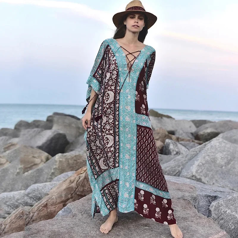 Cotton Floral Print Smock Frock Boho Cover up as picture show / One Size bohocoverup-250126