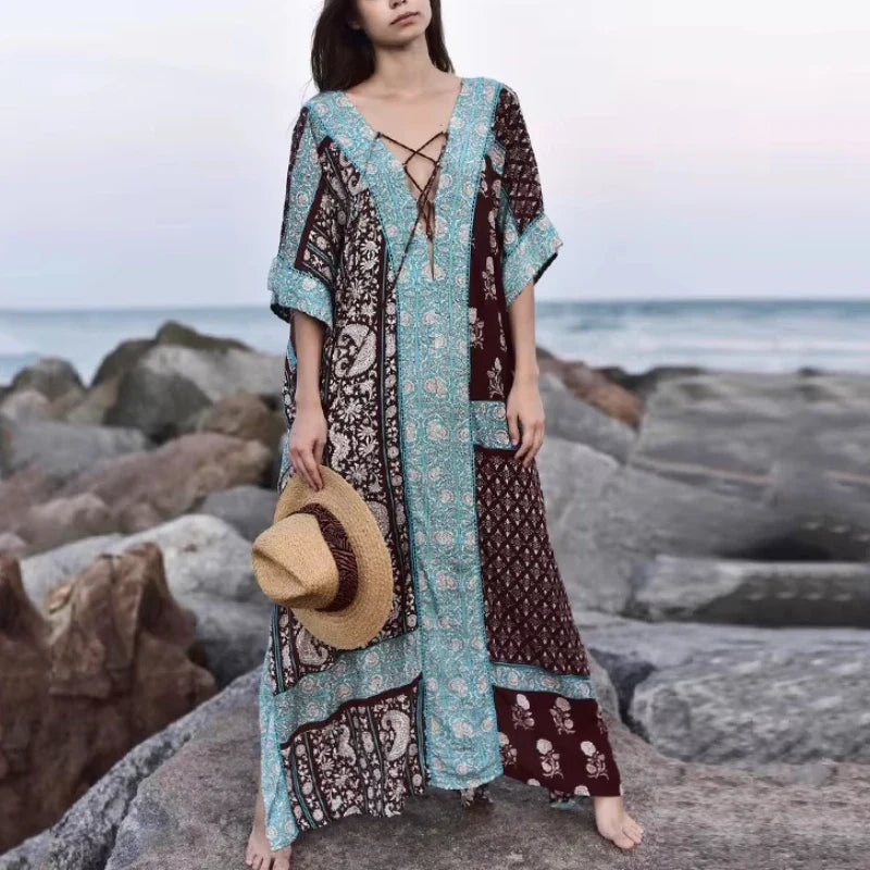 Cotton Floral Print Smock Frock Boho Cover up as picture show / One Size bohocoverup-250126