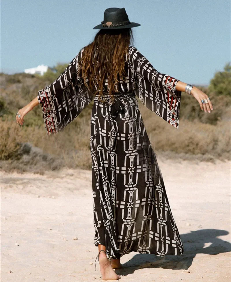Cotton Rayon Kimono Boho Bikini Cover up Long Sleeve Dark Brown / One Size bohocoverup-250126