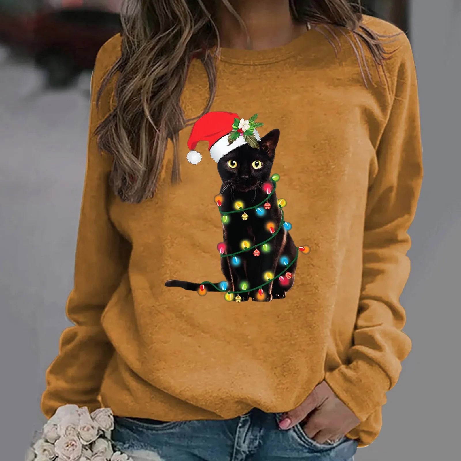 Cartoon Red Hat Black Cat Casual Long-Sleeved Crewneck Christmas Hoodie Khaki / S Hoodies-L
