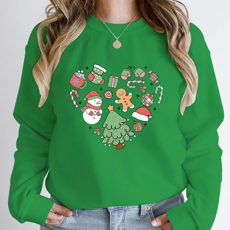Cute Heart Tree Snowman Fashion Loose Round Neck Christmas Hoodie Green / S Hoodies-L