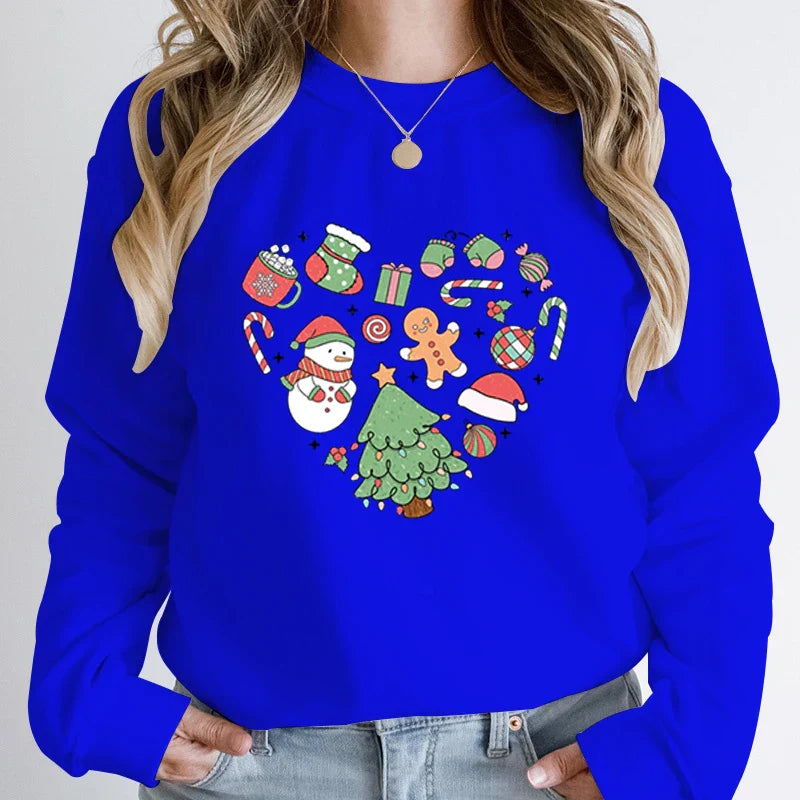 Cute Heart Tree Snowman Fashion Loose Round Neck Christmas Hoodie Blue / S Hoodies-L