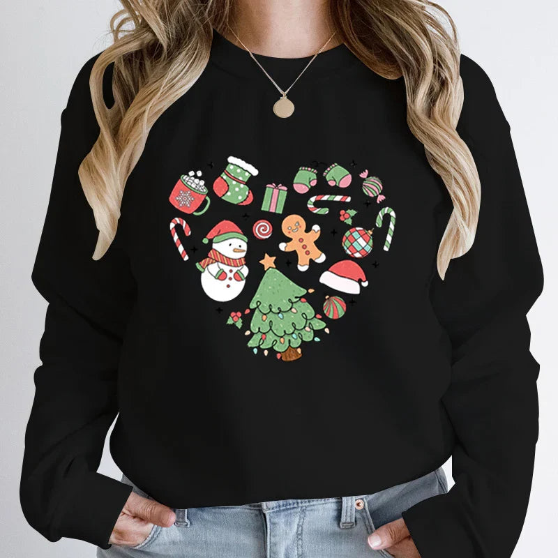 Cute Heart Tree Snowman Fashion Loose Round Neck Christmas Hoodie Black / S Hoodies-L