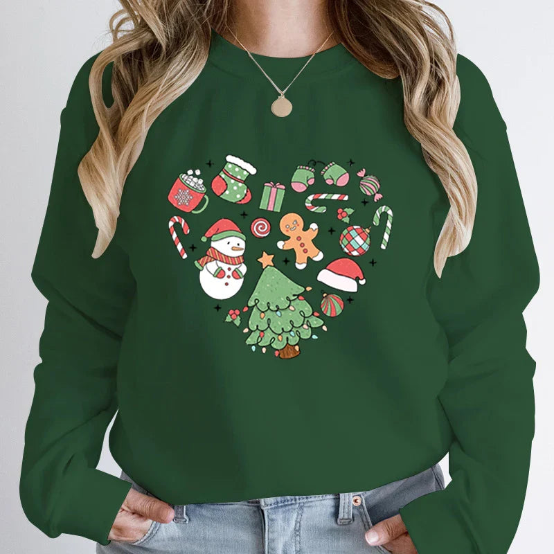 Cute Heart Tree Snowman Fashion Loose Round Neck Christmas Hoodie Army Green / S Hoodies-L