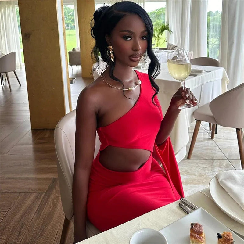 Solid Trend Incline Shoulder Hollow High Street Maxi Dress Sexy Elegant Christmas Party Dresses-L