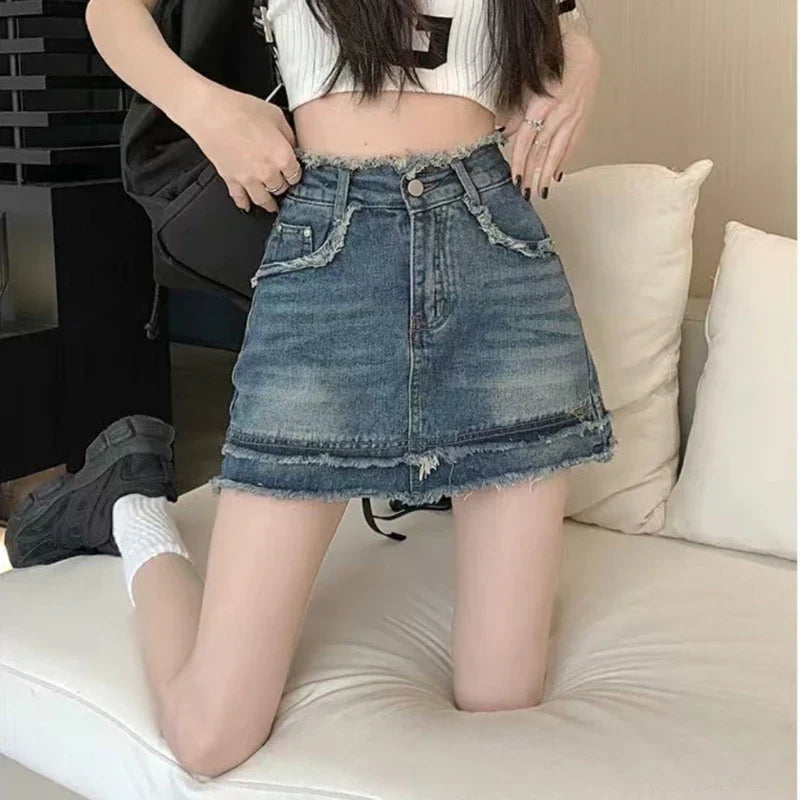 Denim Vintage A-Line Y2K Patchwork Retro Skirt