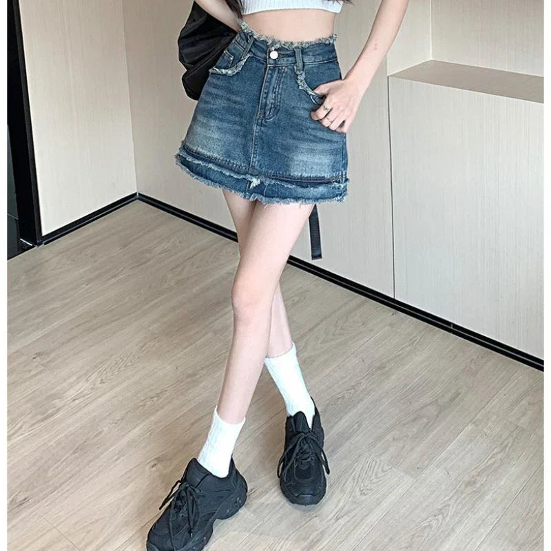 Denim Vintage A-Line Y2K Patchwork Retro Skirt