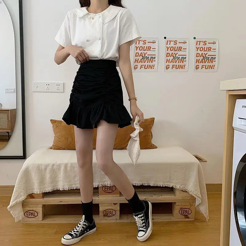 Ruffle Sweet Mini Skirt White A-Line Solid Cute