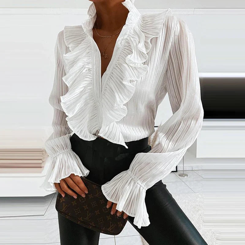 Denim Ruffled V Neck Pleated Blouse blouse-250126