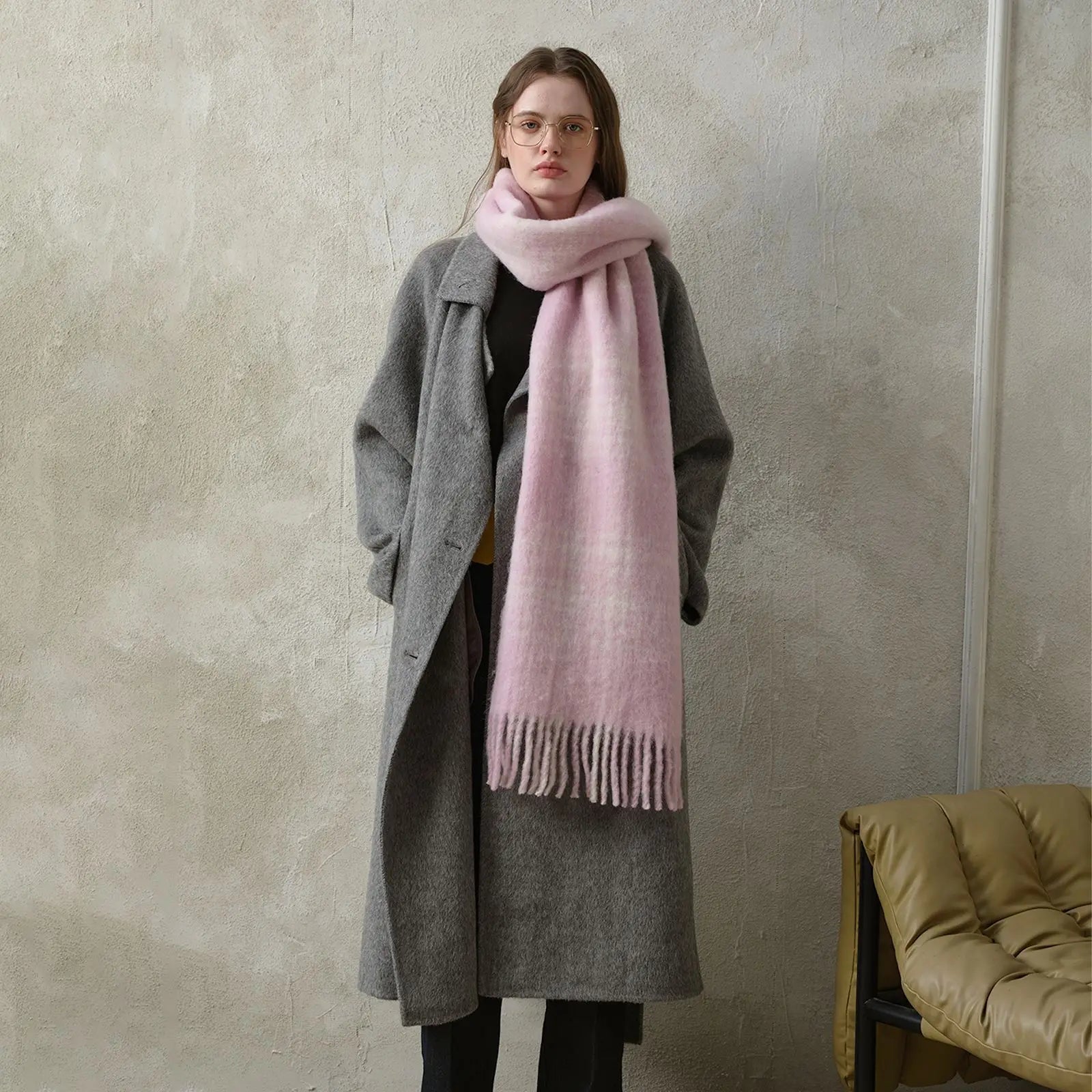 Korean Premium 30% Wool Red Plaid Tassels Mohair Warm Scarf Pink White Scarfs-L