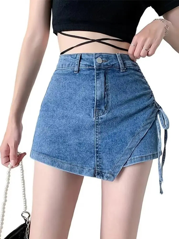 Drawstring Khaki Casual Skirt Blue / S