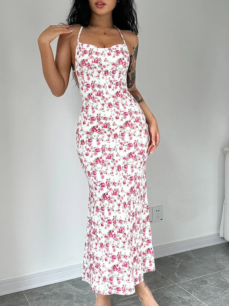 Lace-Up Halter Floral Backless Bodycon Dress Red / S floraldress-250126
